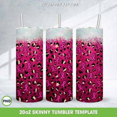 Breast Cancer Awareness Ribbon Tumbler Wrap PNG, Pink Ribbon Leopard 20oz Skinny Tumbler Template PNG
