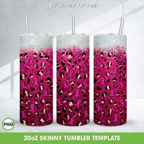 Breast Cancer Awareness Ribbon Tumbler Wrap PNG, Pink Ribbon Leopard 20oz Skinny Tumbler Template PNG