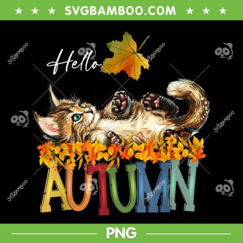 Cat Leaf Fall Hello Autumn PNG, Cute Kitten Cat Autumn PNG, Hello Autumn Cat PNG