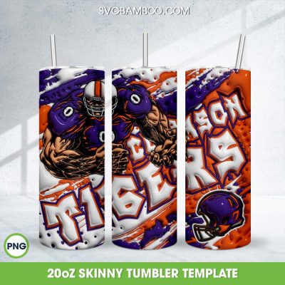 Clemson Tigers 3D Inflated Tumbler Wrap PNG, Football Logo 20oz Skinny Tumbler Template PNG