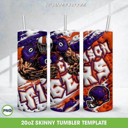 Clemson Tigers 3D Inflated Tumbler Wrap PNG, Football Logo 20oz Skinny Tumbler Template PNG
