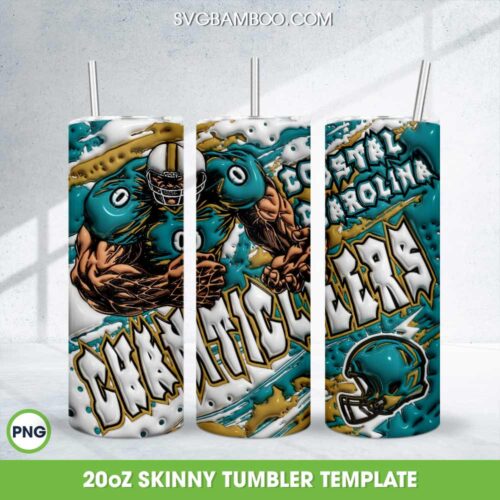 Coastal Carolina Chanticleers 3D Inflated Tumbler Wrap PNG, Chanticleers Baseball Teams 20oz Skinny Tumbler Template PNG