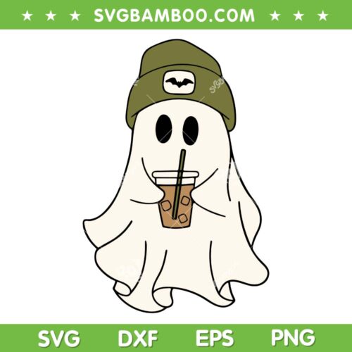 Drinking Ghost Ice Coffee SVG PNG, Halloween Little Ghost SVG, Cute Ghost Drinking Iced Coffee DXF SVG PNG EPS