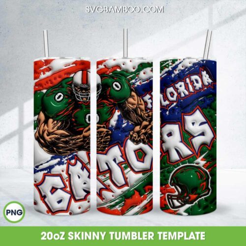 Florida Gators 3D Inflated Tumbler Wrap PNG, NCAA Gators Football Teams 20oz Skinny Tumbler Template PNG