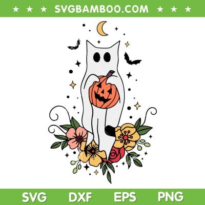Halloween Ghost Cat Floral SVG PNG, Scary Pumpkin Boo Cat SVG, Halloween Cute Cat DXF SVG PNG EPS