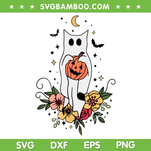 Halloween Ghost Cat Floral SVG PNG, Scary Pumpkin Boo Cat SVG, Halloween Cute Cat DXF SVG PNG EPS