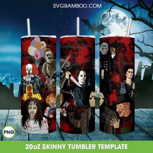 Halloween Horror Movie Characters Tumber Wrap PNG, Friends Horror Movie 20oz Skinny Tumbler Template PNG