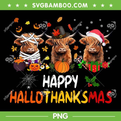 Happy Hallothanksmas Highland Cow PNG, Halloween Cow Autumn PNG, Fall Cow PNG