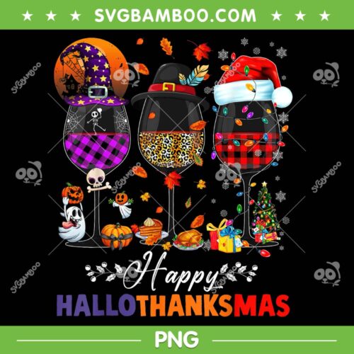 Happy Hallothanksmas Wine Glasses PNG, Witch Santa Pumpkin Fall Halloween PNG, Wine Glasses Witch Santa Hat Pumpkin PNG