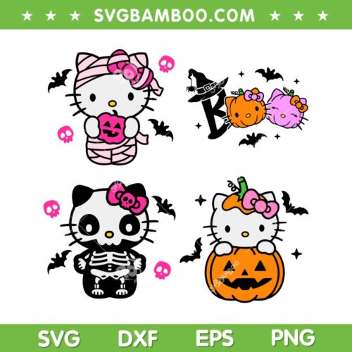 Hello Spooky Kitty Halloween SVG Bundle, Hello Kitty Skeleton SVG Bundle, Cute Halloween DXF SVG PNG EPS
