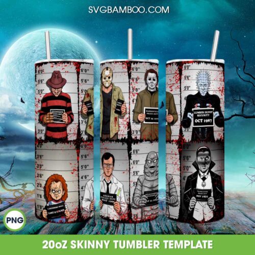 Horror Movie Characters Mug Shot Tumbler Wrap PNG, Halloween Scary Movie Prison 20oz Skinny Tumbler Template PNG