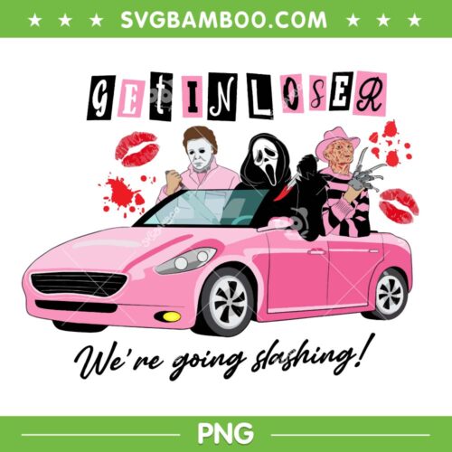 Horror Movie Get In Loser PNG, Myers Ghostface Freddy Driving Pink Car PNG, Characters Halloween PNG
