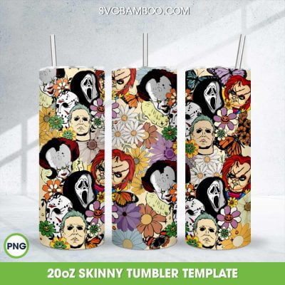 Horror Movie Halloween Floral Tumbler Wrap PNG, Halloween Scary Characters Groovy 20oz Skinny Tumbler Template PNG