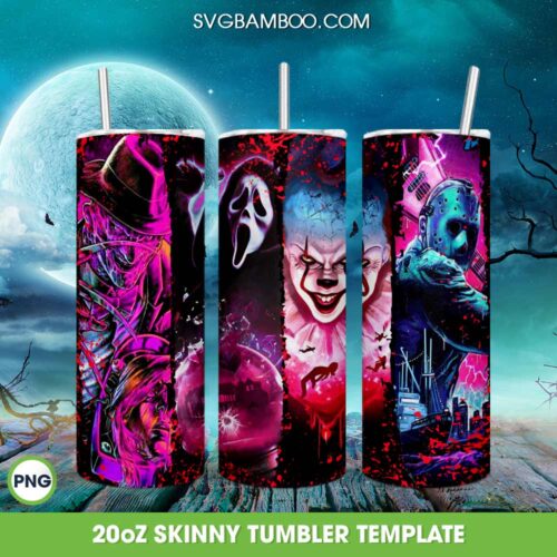 Horror Movie Villains Halloween Tumbler Wrap PNG, Freddy Ghostface Pennywise Jason 20oz Skinny Tumbler Template PNG