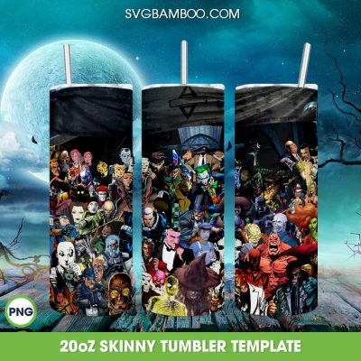 Horror villain Characters Tumbler Wrap PNG, Halloween Monsters Group Shot 20oz Skinny Tumbler Template PNG