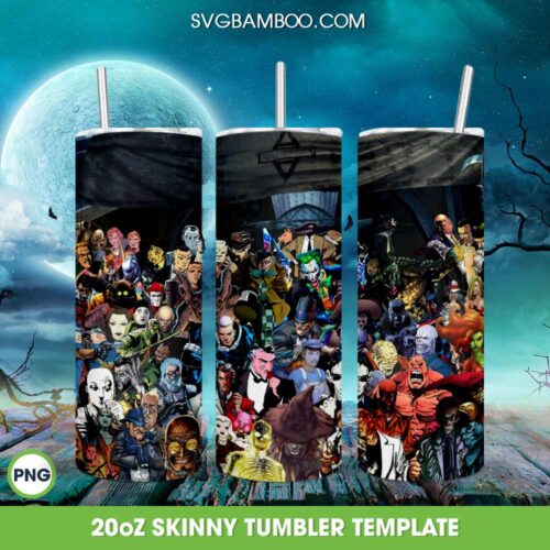 Horror villain Characters Tumbler Wrap PNG, Halloween Monsters Group Shot 20oz Skinny Tumbler Template PNG