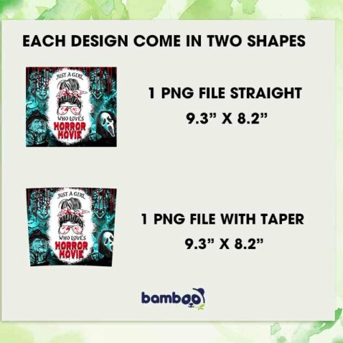 Just a Girl Who Loves Horror Movie Tumber Wrap PNG, Messy Bun Loves Horror Movie 20oz Skinny Tumbler Template PNG