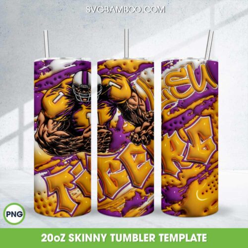 LSU Tigers 3D Inflated Tumbler Wrap PNG, NCAA LSU Tigers Football Teams 20oz Skinny Tumbler Template PNG