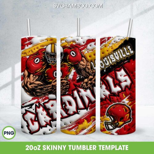 Louisville Cardinals 3D Inflated Tumbler Wrap PNG, Cardinals Football Teams 20oz Skinny Tumbler Template PNG