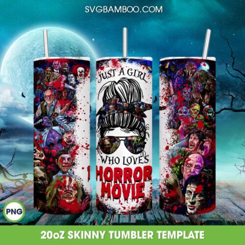 Messy Bun Mom Horror Movie Tumbler Wrap PNG, Movie Villains Halloween 20oz Skinny Tumbler Template PNG