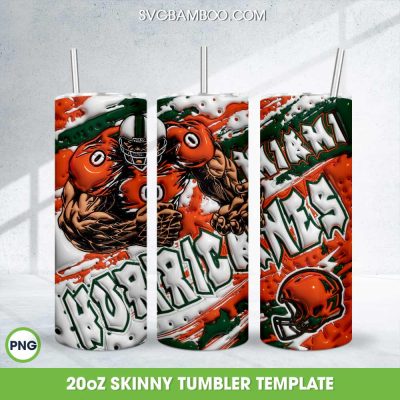 Miami Hurricanes 3D Inflated Tumbler Wrap PNG, NCAA Football Teams 20oz Skinny Tumbler Template PNG