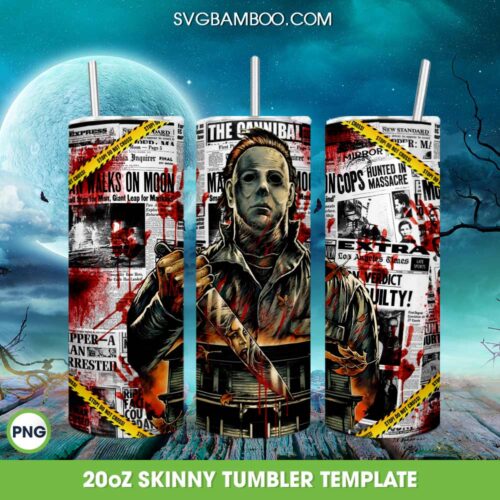 Michael Myers Haddonfield Illinois Tumbler Wrap PNG, Blood Newspaper Myers 20oz Skinny Tumbler Template PNG