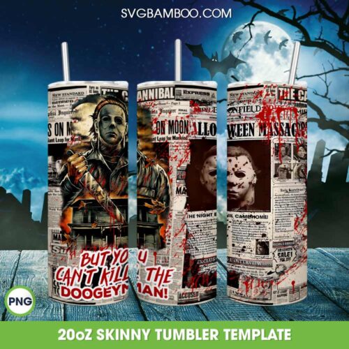 Michael Myers Newspaper Tumbler Wrap PNG, Halloween Horror Myers Killer 20oz Skinny Tumbler Template PNG