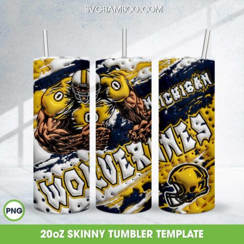 Michigan Wolverines 3D Inflated Tumbler Wrap PNG, Football Wolverines NCAA Teams 20oz Skinny Tumbler Template PNG
