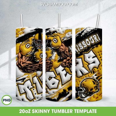 Missouri Tigers 3D Inflated Tumbler Wrap PNG, NCAA Tigers Football Teams 20oz Skinny Tumbler Template PNG