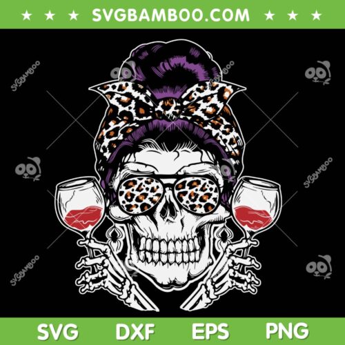 Momster Leopard Wine Halloween SVG, Skull Messy Bun Momster SVG, Messy Bun Halloween DXF SVG PNG EPS