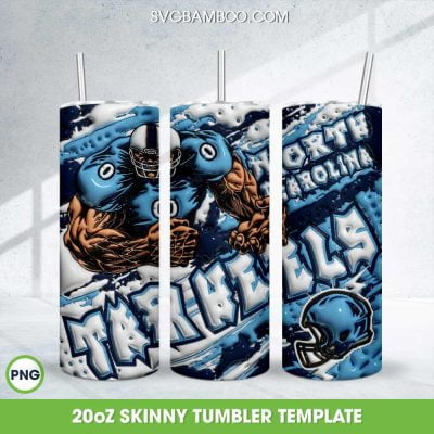 North Carolina Tar Heels 3D Inflated Tumbler Wrap PNG, NCAA Sports 20oz Skinny Tumbler Template PNG