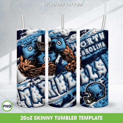 North Carolina Tar Heels 3D Inflated Tumbler Wrap PNG, NCAA Sports 20oz Skinny Tumbler Template PNG