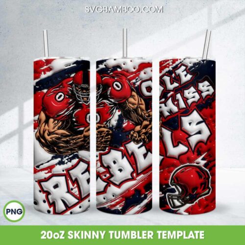 Ole Miss Rebels 3D Inflated Tumbler Wrap PNG, NCAA Rebels Football Teams 20oz Skinny Tumbler Template PNG