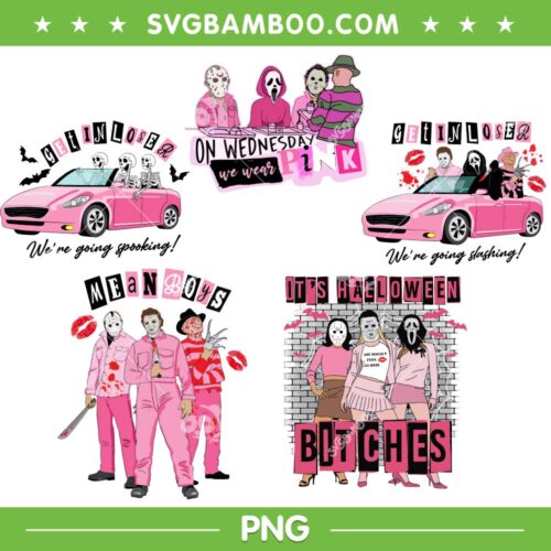 Pink Halloween Horror Movie PNG Bundle, On Wednesday We Wear Pink PNG Bundle, Its Halloween Bitches PNG Bundle