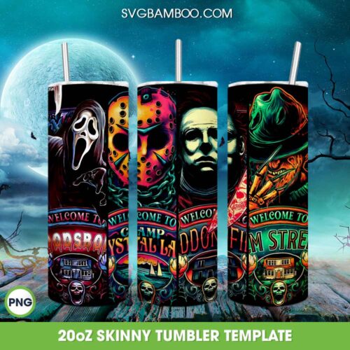 Retro Ghostface Jason Myers Freddy Halloween Tumbler Wrap PNG, Horror Movie Killers 20oz Skinny Tumbler Template PNG