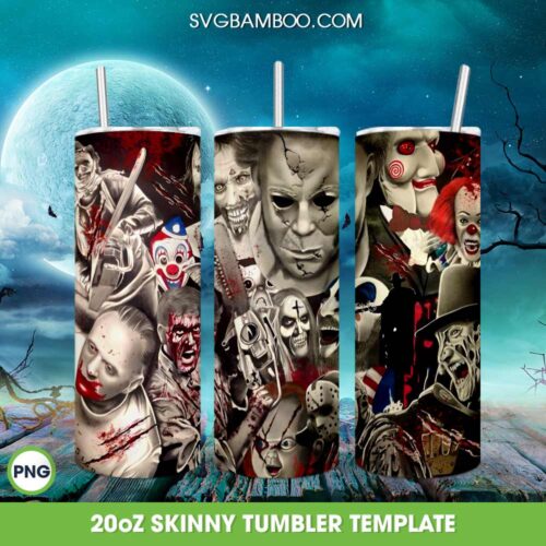 Scary Horror Movie Characters Group Tumbler Wrap PNG, Scary Movie Characters 20oz Skinny Tumbler Template PNG
