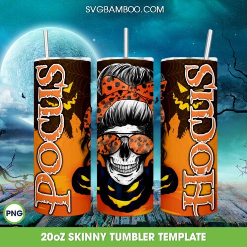 Skull Mom Hocus Pocus Tumbler Wrap PNG, Messy Bun Mom Halloween 20oz Skinny Tumbler Template PNG