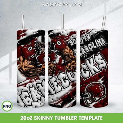 South Carolina Gamecocks 3D Inflated Tumbler Wrap PNG, NCAA Gamecocks Football 20oz Skinny Tumbler Template PNG 