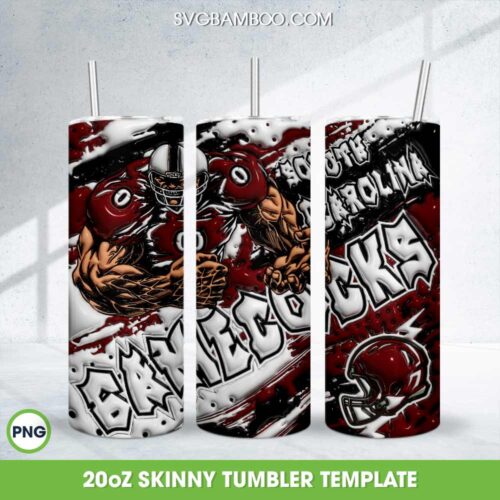 South Carolina Gamecocks 3D Inflated Tumbler Wrap PNG, NCAA Gamecocks Football 20oz Skinny Tumbler Template PNG 