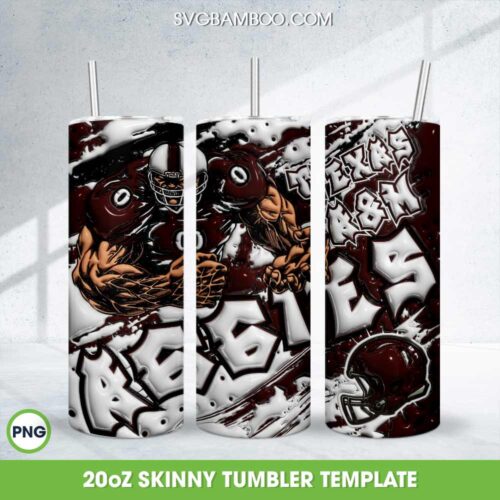 Texas A&M Aggies 3D Inflated Tumbler Wrap PNG, NCAA Aggies Football 20oz Skinny Tumbler Template PNG 