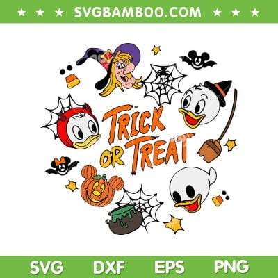 Trick Or Treat Huey Dewey Louie And Witch SVG, Huey Dewey Louie Halloween SVG, Disney Halloween Cartoons DXF SVG PNG EPS