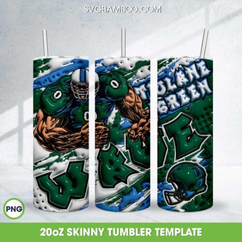 Tulane Green Wave 3D Inflated Tumbler Wrap PNG, NCAA Logo 20oz Skinny Tumbler Template PNG