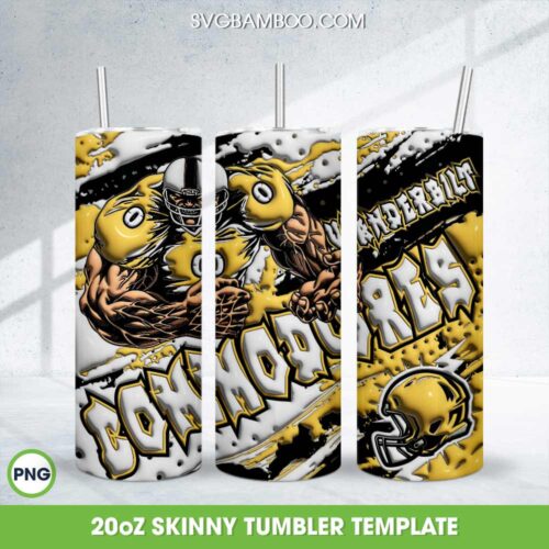 Vanderbilt Commodores 3D Inflated Tumbler Wrap PNG, NCAA Football Logo 20oz Skinny Tumbler Template PNG