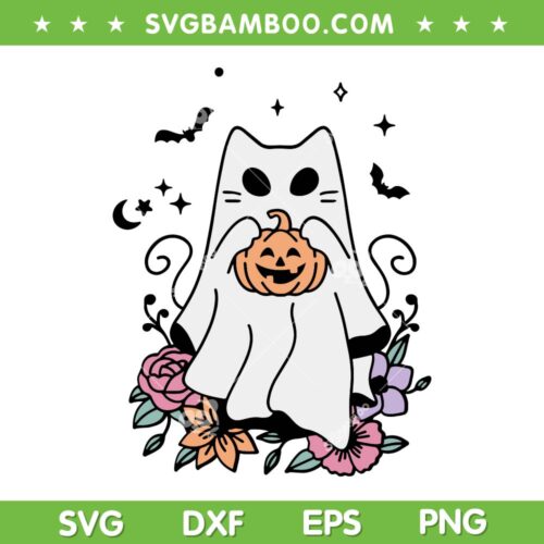 Vintage Halloween Ghost Cat SVG PNG, Cute Cat In Ghost SVG, Ghost Girl DXF SVG PNG EPS