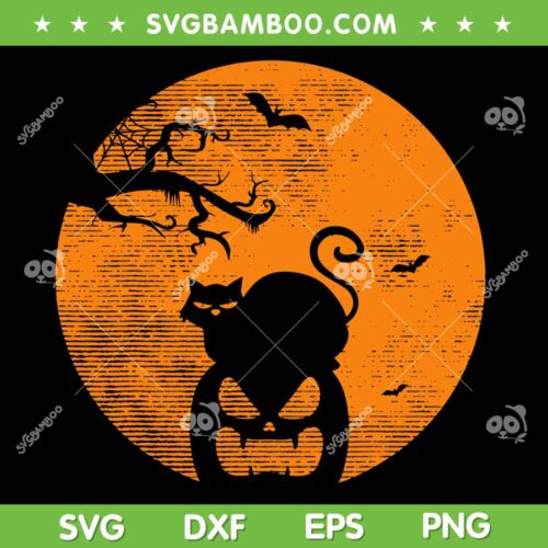 Vintage Halloween Pumpkin Cat SVG PNG, Halloween Cat Moon Costumes SVG, Black Cat Halloween DXF SVG PNG EPS