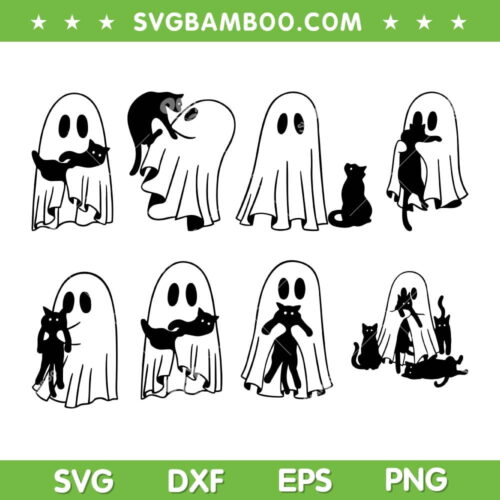 Сute Ghost And Black Cat SVG Bundle, Cute Ghost Holding Cat SVG Bundle, Ghost Cat DXF SVG PNG EPS
