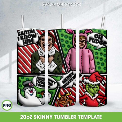 3D Inflated Christmas Friends Tumbler Wrap PNG, Elf Ralphie Bunny Snowman Grinch 20oz Skinny Tumbler Template PNG