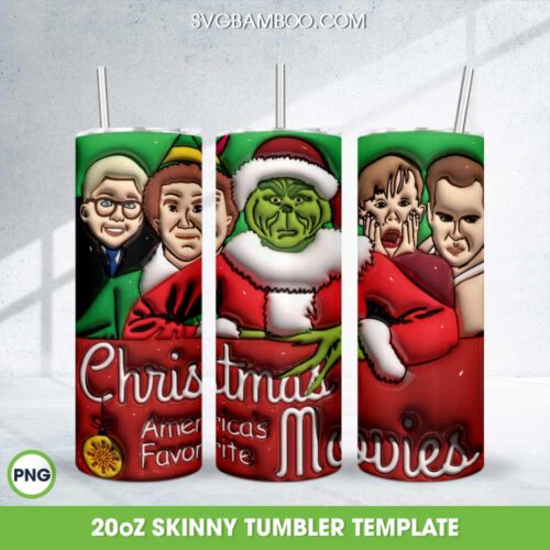 3D Inflated Christmas Movies Characters Tumbler Wrap PNG, Grinch Movie Xmas 20oz Skinny Tumbler Template PNG