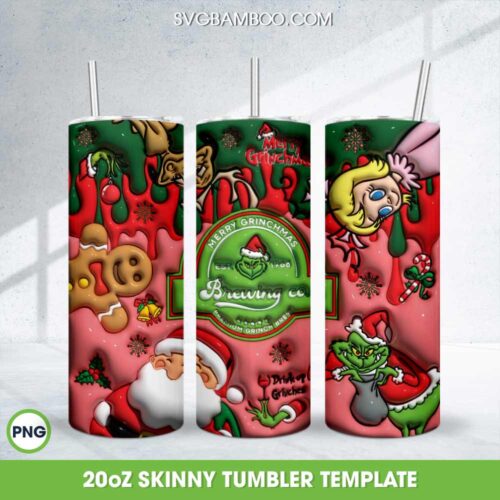 3D Inflated Grinch Brewing Co Tumbler Wrap PNG, Merry Grinchmas Est 1966 20oz Skinny Tumbler Template PNG