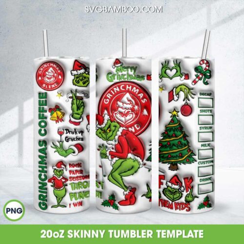 3D Inflated Grinch Stealing Lights Tumbler Wrap PNG, Merry Grinchmas 20oz Skinny Tumbler Template PNG